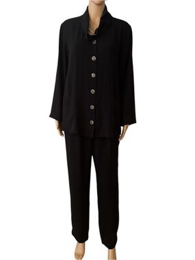 Fridaze Women’s Size Large Pants and Medium Solid Black Button up Top, Linen Set